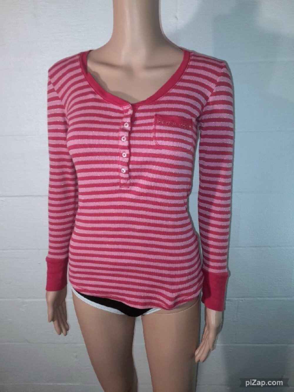 Victoria's Secret Pink Striped Henley Long Sleeve Shirt Y2K Shimmer Women's XS